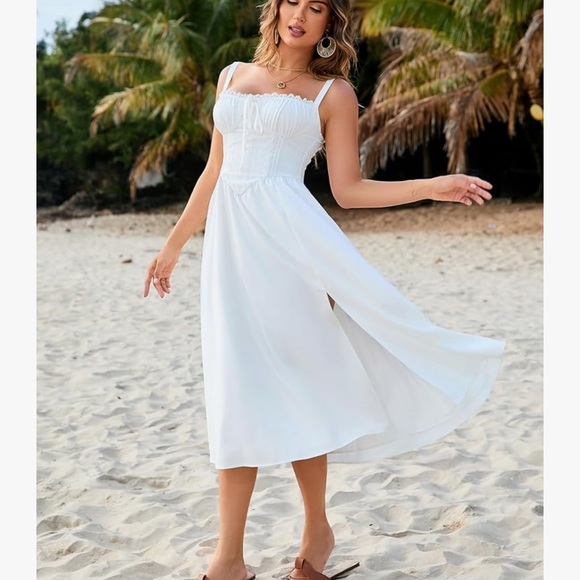 Summer Casual Midi Dress Smocked Sleeveless Flowy Slit A Line Beach Sundresses - Picture 3 of 6